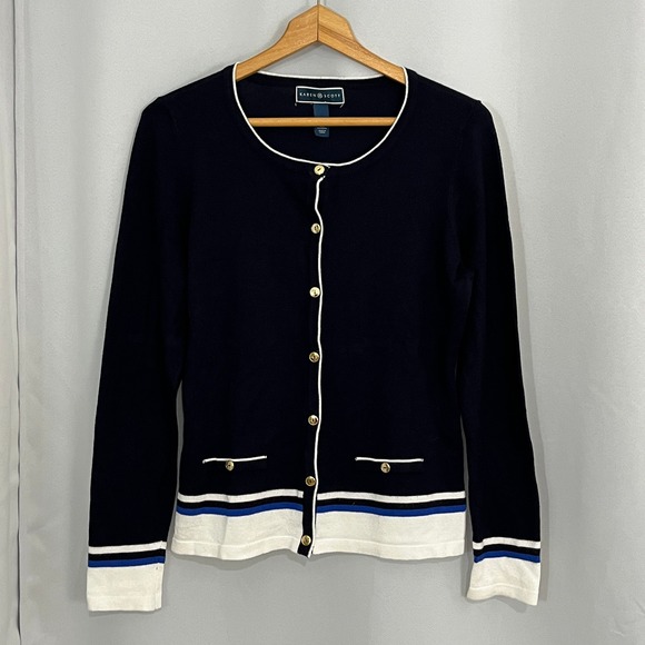 Karen Scott Cardigan Sz M Contrast Trim Navy Blue Cottagecore Nautical Preppy - Picture 2 of 8